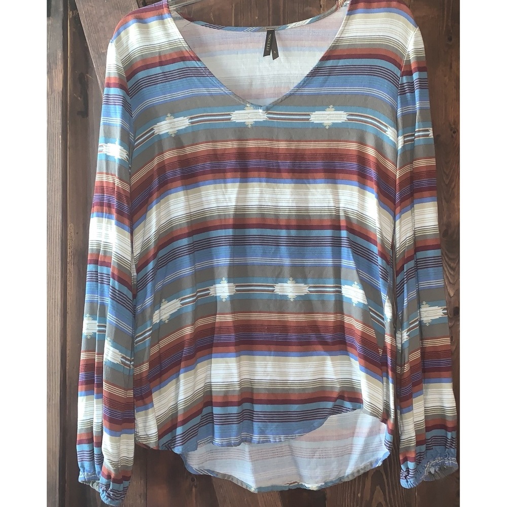 STETSON Blouse Size S Striped‎ V Neck Southwestern Aztec MultiColor Tan Blue Red